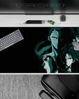 Noir dark teal anime desk pad 40x20 inches with smoky shadows, sharp highlights, cold focused mood.