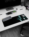 32x12 inches anime mouse pad showing a tight trio of stern warriors, long black hair whipping in a stormy haze.