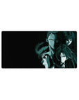 32x16 inches anime mouse pad with three stoic warriors in a diagonal stack, sharp highlights, smoky backdrop.