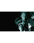 Anime desk pad 40x20 inches with three stoic warriors, layered faces in a sharp diagonal composition.