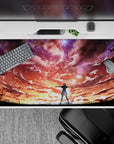 40x20 inches anime desk pad in neon orange-to-violet twilight, starry clouds, dreamy hopeful vibe.