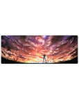 32x12 inches anime mouse pad with heroine on grassy ridge under swirling galaxy clouds and neon sunset.