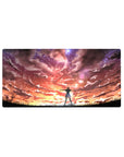 32x16 inches anime mouse pad with heroine on grassy ridge under swirling starry neon sunset sky.