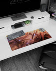 28x12 inches desk mat showing a silver-haired knight slashing a glowing sword as a dark dragon circles.