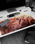 40x20 inches desk pad showing a silver-haired armored heroine slashing a sword as a dark dragon circles.
