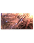 32x16 inches anime girl mouse pad with silver-haired knight, sword, dragon silhouette, fantasy sunset scene.