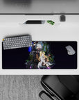 32x12 inches anime mouse pad in deep violet space with blue lightning, crisp contrast, moody vibe.