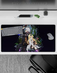 32x16 inches anime mouse pad in deep violet space tones with neon blue lightning and crisp contrast.