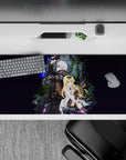 36x16 inches anime desk pad in deep violet space with neon blue lightning accents and moody contrast.