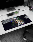 32x16 inches anime mouse pad of a silver-haired warrior crackling with blue sparks beside a calm blonde scientist.