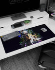 36x16 inches anime desk pad showing blue lightning on a silver-haired soldier beside a calm blonde scientist.