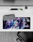 Anime mouse pad 28x12 inches featuring Shinobu Kocho from Demon Slayer, surrounded by glowing butterflies and wisteria.