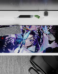 Anime mouse pad 36x16 inches featuring Shinobu Kocho from Demon Slayer with glowing butterflies and wisteria petals.