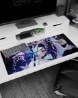 Demon Slayer desk pad 36x16 inches featuring Shinobu Kocho with glowing butterflies and wisteria, creating a serene, mystical scene.