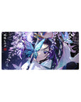 Anime mouse pad 32x16 inches featuring Shinobu Kocho from Demon Slayer, surrounded by glowing butterflies and wisteria.
