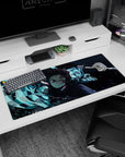 Tanjiro from Demon Slayer in mid-strike on a 36x16 inches anime desk pad, showcasing water-breathing style in vivid blues.