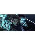Tanjiro from Demon Slayer on a 36x16 inch anime desk pad, showcasing his water-breathing style with vivid blues and dynamic action.