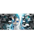 36x16 inches anime girl desk pad with Hestia pose, graffiti clouds, street text, and city sketch lines.
