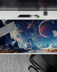 Moody navy and teal galaxy desk pad 40x20 inches with dreamy gradients and calm, dark silhouettes.