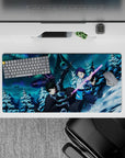 Anime mouse pad 32x16 inches featuring Kirito from Sword Art Online, battling in a snowy, neon-lit scene with vibrant colors.