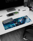 Anime mouse pad 32x12 inches featuring Kirito and squad from Sword Art Online in a dynamic snowy sci-fi scene.