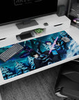 Anime mouse pad 40x20 inches featuring Kirito and squad from Sword Art Online in a snow-lit, neon battle scene.