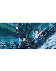 Anime desk pad 36x16 inches featuring Kirito and squad from Sword Art Online in a dynamic, snowy, neon-lit scene.