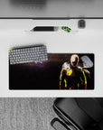 28x12 inches anime mouse pad in bold yellow and red against deep charcoal shadows, stormy and intimidating mood.