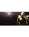 36x16 inches anime desk pad with Saitama on a cratered battlefield, cape flying in dramatic light.