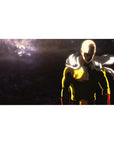 One Punch Man anime desk pad 40x20 inches with Saitama on a cratered battlefield, dramatic lighting.