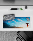 28x12 inches anime girl mouse pad in soft sky blues and warm peach tones, calm cozy gradient glow.