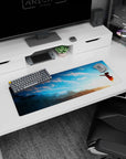 32x12 inches mouse pad with tiny anime girl silhouette reaching into the wind under wide clouds.