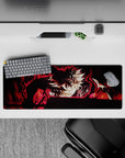 Intense 32x12 mouse pad features Asta’s transformation and demonic flames with intricate crimson glow details for fans of bold artistry