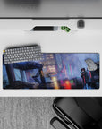 Anime girl mouse pad 32x12 inches in icy blues and hot pink neon, moody rainy cyberpunk glow.