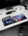 Hooded anime girl watching a neon-soaked street, anime girl mouse pad 32x12 inches, night rain scene.