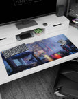 Hooded anime girl in black coat watching a neon-lit rainy street on a 36x16 inches desk pad.