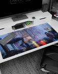 Hooded anime girl in black coat watching neon signs in rain, extended desk pad 40x20 inches.