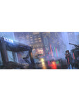 Cyberpunk anime girl desk pad 36x16 inches with neon city rain scene and glossy street reflections.