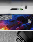 Dreamy blue-violet fog anime desk pad with warm orange sparks, late-night fantasy mood, 36x16 inches.