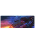 32x12 inches anime girl mouse pad with warrior girl and white wolf in misty fantasy night scene.