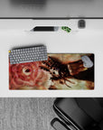 28x12 inches anime mouse pad in sepia smoke and rust tones with bright scarlet alchemy glow.