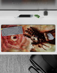 32x16 inches anime mouse pad in sepia rust tones with bright scarlet glow, smoky sky, and steel highlights.