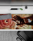 36x16 inches anime mouse pad in sepia smoke with rust steel highlights and vivid scarlet alchemy glow.