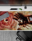 Sepia smoke and rust steel anime desk pad 40x20 inches with bright scarlet glow and dramatic arcane vibe.