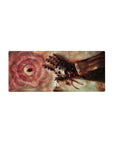 28x12 inches anime mouse pad with shattered metal hand, alchemy circles, and red rune stone design.