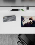 Classic anime mouse pad 14x10 inches in smoky blues and charcoal shadows with soft bokeh, late-night mood.