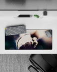 28x12 inches anime mouse pad in smoky blues and charcoal shadows with soft bokeh, late-night calm mood.