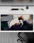 32x16 inches anime mouse pad in smoky blues and charcoal shadows with soft light and dreamy bokeh mood.