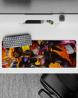 32x12 inches anime mouse pad in hot orange and gold with deep blacks, steel greys, neon green eyes.