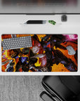 32x16 inches anime mouse pad in hot orange-gold flames with deep blacks, steel greys, and neon green eyes.